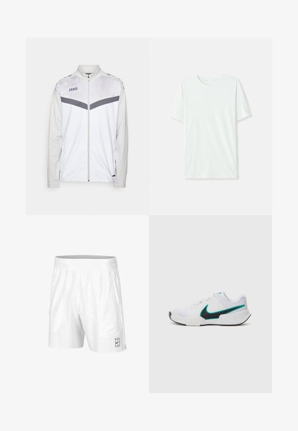 Witte sportjack met een ritssluiting aan de voorkant, grijze accenten en een textuurpatroon op de bovenhelft. Heeft een staande kraag en een logo op de borst.; Licht mintgroen T-shirt met korte mouwen, gemaakt van zachte stof. Het heeft een ronde halslijn en een simpele, rechte snit zonder versieringen.; Witte sportshorts met een elastische tailleband, twee zijzakken en een klein zwart logo detail aan de voorkant. Glad materiaal.; Witte sportieve schoen met een textuur mesh bovenwerk, zwarte rubberen zool en teal Nike swooshaccent. Voorzien van veters en een gewatteerde kraag.