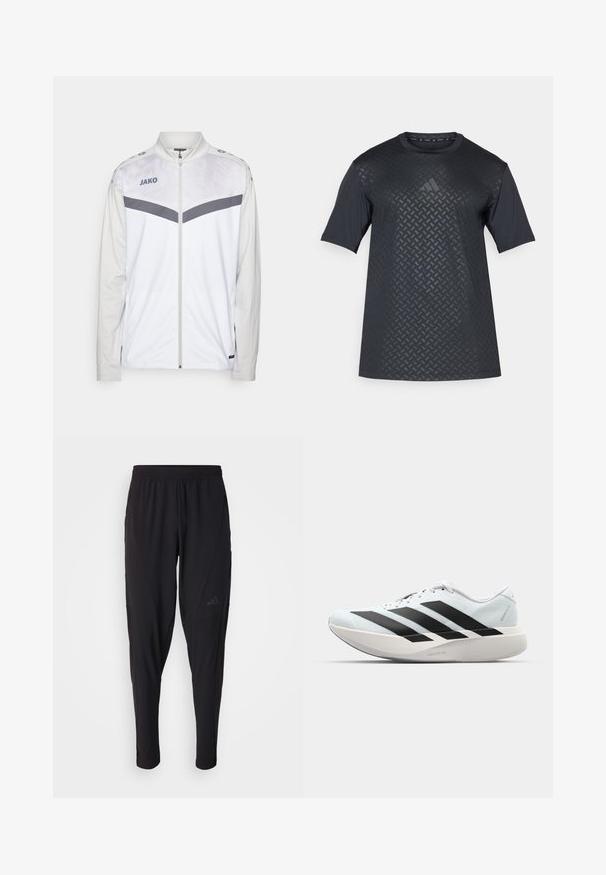 Balta sporta jaka ar rāvējslēdzēju priekšā, pelēkiem akcentiem un strukturētu rakstu augšējā pusē. Iespējas iekļauj augstu apkakli un logo uz krūtīm.; Melna īsām piedurknēm krekls ar tekstūru ģeometrisku rakstu priekšā un gludu muguru, izgatavots no viegla, elpojoša materiāla.; Melni sporta bikses ar elastīgu jostasvietu, sašaurinātu dizainu, sānu kabatām un smalku logo akcentu. Izgatavotas no elastīga, elpojoša auduma.; Gaiši zili vieglie skriešanas apavi ar melniem svītrainiem. Iezīmēti ar gludu augšpusi, apaļu purngalu un biezāko balto vidējo zoli, kurā ir uzraksts "LIGHTSTRIKE PRO."