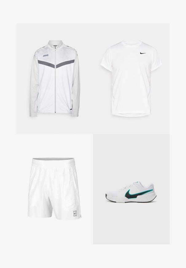 Biała sportowa kurtka z zamkiem z przodu, szarymi akcentami i fakturowanym wzorem w górnej części. Posiada stojący kołnierz i logo na piersi.; Biała koszulka Nike z krótkim rękawem, wykonana z gładkiego materiału syntetycznego, z czarnym logo po lewej stronie klatki piersiowej.; Białe sportowe szorty wykonane z lekkiego materiału, z elastycznym pasem, wyposażone w dwie boczne kieszenie oraz małe czarne logo na dolnym brzegu.; Białe buty sportowe z teksturowaną siateczką, czarną gumową podeszwą i akcentem w kolorze turkusowym w kształcie logo Nike. Posiadają sznurowadła i wyściełany kołnierz.