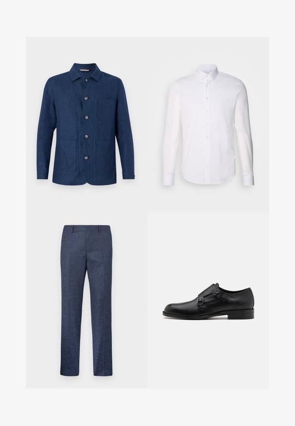 Tumedast sinise linase kangast särk-jakk sirge krae, viie nupuga, ühe rinnatasku ja kahe eesmistaskuga. Sile tekstuur ja lihtne disain.; Valge pikkade varrukatega nööpidega särk, mis on valmistatud puuvillast, klassikalise krae, eest nööpide ja minimaalsete õmblusdetailidega.; Tumed sinine püksid, mis on valmistatud tekstuuriga kangast, sirgete jalgega, tasase esiosa ja kahe küljetaskuga. Ilma nähtavate mustrite või aksessuaarideta.; Musta nahast kleitking, kus on kaks pandlat, voolava silueti ja ümarate varvastega. Omab madalat kontsa ja siledat tekstuuri.