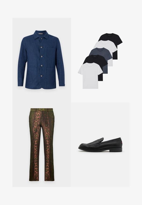 Tamsiai mėlynas lininis švarkas su tiesiu apykakle, penkiomis sagomis, viena krūtinės kišene ir dviem priekinių kišenių. Lygus paviršius ir paprastas dizainas.; Penki marškiniai juodos, baltos ir mėlynos spalvos. Pagaminti iš medvilnės, trumpomis rankovėmis, su apvaliu kaklu, be raštų.; Žalios raštuotos kelnytės su gyvatės rašto dizainu, puikiai derančiais rudos ir oranžinės spalvomis, tiesaus kirpimo ir lygia tekstūra.; Juodos odinės loafers' tipo bateliai su lygia apdaila, apvalia nosimi ir maža dekoratyvine kišenėle. Turi žemą sukrauto kulno ir subtilų prekės ženklo detalę.