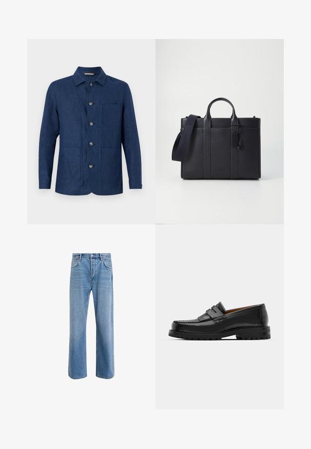 Mörkblå linne skjortjacka med rak krage, fem knappar, en bröstficka och två framfickor. Slät textur och enkel design.; Två svarta bomull t-shirts med korta ärmar och rund halsringning. Båda har en röd varumärkesetikett vid halsen. Enkelt, klassiskt design.; Ljust blå denimjeans med rak passform, fem fickor, knappstängning, minimal blekning och kontrasterande sömdetaljer.; Svarta läderloafers har en upphöjd söm, två dekorativa remmar på ovansidan och en tjock texturerad sula för ökat grepp.; Mörk marinblå läderportfölj med dubbla övre handtag och avtagbar rem. Utmärkt med strukturerad yta, vertikal sömnad och logotypdetalj.