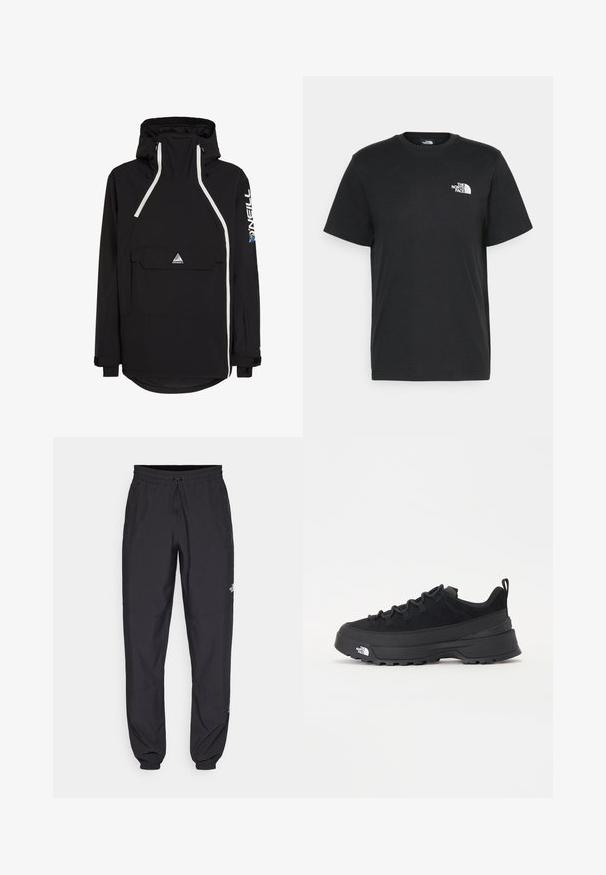 Black anorak jacket featuring a high collar, white accents, front pocket, and adjustable hood. Made from a weather-resistant material.; Black cotton t-shirt with short sleeves, crew neck, and a small white logo on the left chest. Simple design, smooth texture, and relaxed fit.; Black athletic pants made from lightweight fabric, featuring a drawstring waistband, side pockets, and tapered cuffs at the ankles.; Black outdoor sneaker with a suede upper, textured rubber sole, and sturdy lacing system. Features a reinforced heel and brand logo on the side.
