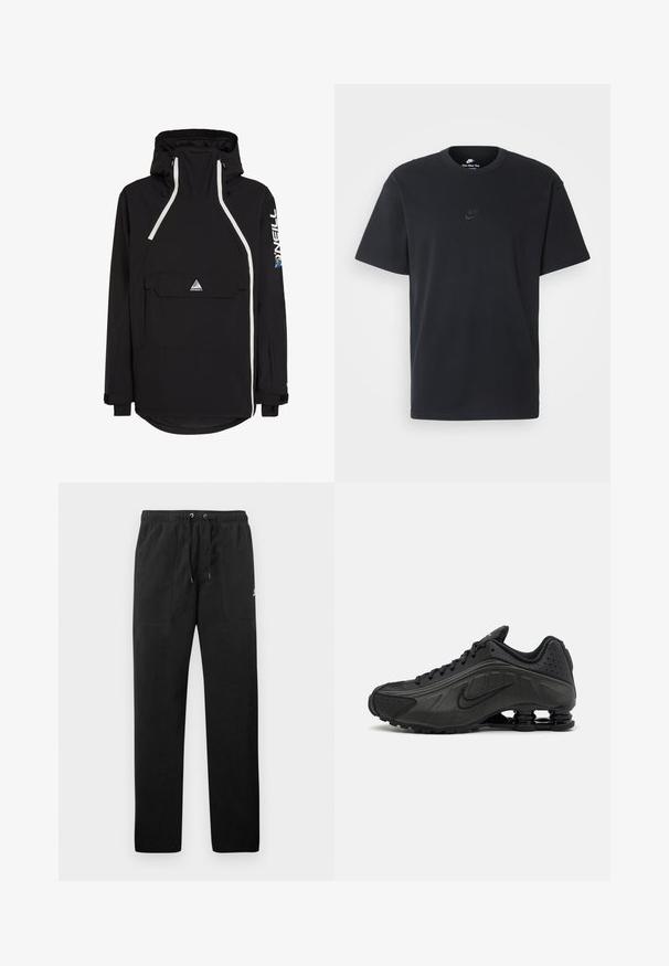 Schwarze Anorakjacke mit hohem Kragen, weißen Akzenten, Fronttasche und verstellbare Kapuze. Hergestellt aus wetterbeständigem Material.; Schwarzes Baumwoll-T-Shirt von Nike mit klassischem Rundhalsausschnitt, kurzen Ärmeln und einem dezenten, geprägten Logo auf der Brust. Glatte Textur.; Schwarze Sweatpants aus Fleece, mit einem elastischen Bund mit Kordelzug, zwei Fronttaschen und einem kleinen Logo auf dem Oberschenkel.; Schwarze Laufschuhe mit einem glatten synthetischen Obermaterial, durchbrochenen Akzenten, strukturierten Seitenpaneelen und einer ausgeprägten federnden Sohle.