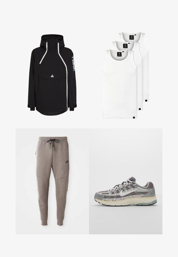 Zwarte anorakjas met een hoge kraag, witte accenten, een voorzak en een verstelbare capuchon. Gemaakt van weerbestendig materiaal.; Drie witte geribde tanktops van katoen. Kenmerken zijn een ronde hals en kleine zwarte labels nabij de zoom. Verkrijgbaar in meerdere maten.; Grijze Nike-sweatpants met een verstelbare tailleband, taps toelopende benen, zijzakken en opvallende naaddetails. Zachte, gestructureerde stof.; Grijze sportieve schoen met een bovenwerk van mesh en suede, witte accenten, een gevoerde zool en een onderscheidend ontwerp met reflecterende elementen.