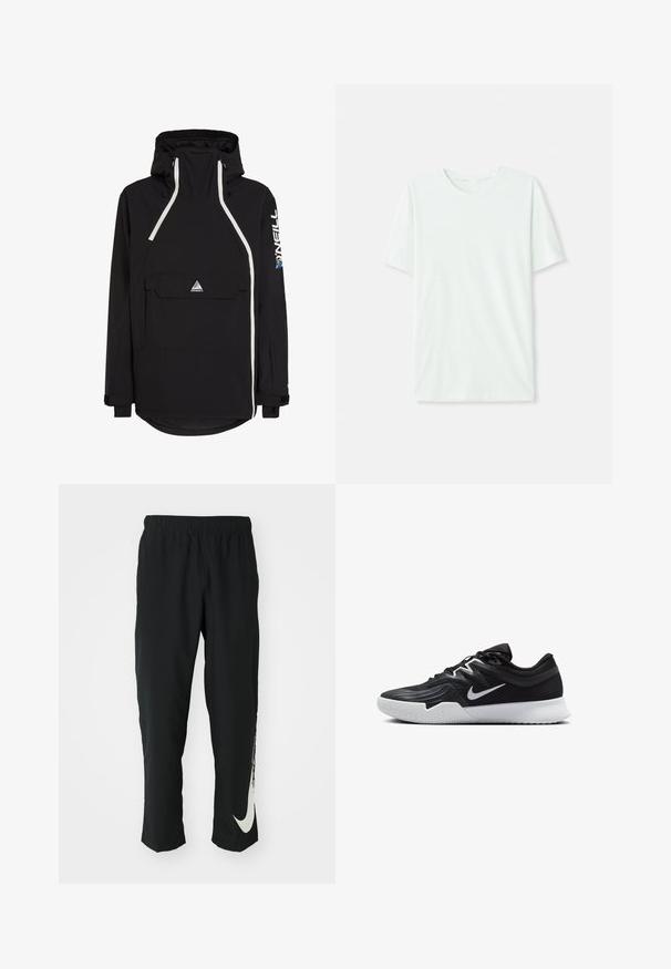 Juodas anorako tipo švarkas su aukšta apykakle, baltais akcentais, priekinėmis kišenėmis ir reguliuojama kapišonu. Pagamintas iš oro nepraleidžiančios medžiagos.; Šviesiai mėtos žalios spalvos trumpų rankovių marškinėliai, pagaminti iš minkštos medžiagos. Turi apvalią iškirptę ir paprastą tiesų siluetą be dekoro.; Juodos sportinės kelnės su elastingu juosmeniu, siaurėjančiu dizainu ir dideliu baltu Nike logotipu ant kairiojo kojos. Minkšta, lengva medžiaga.; Juodos sportinės bateliai su tekstūruota viršutine dalimi, balta Nike swoosh ir balta gumine išorine dalimi. Yra su raištelių užsegimo dizainu ir dinamine forma.