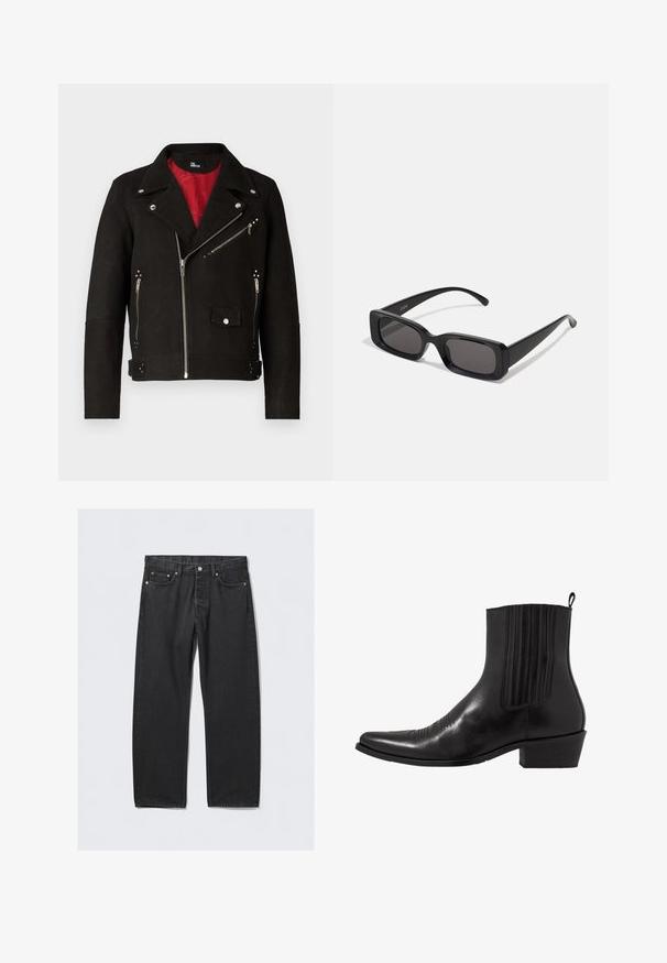 Juodas zomšinės moto striukė su raudona vidine pamušalu, įstrižiniu užtrauktuku ir sidabro spalvos aksesuarais. Turinti užtrauktukus kišenėms ir spaudėmis uždarymui.; Juoda ilgos rankovės marškiniai, pagaminti iš glotnaus audinio, su mygtukų užsegimu priekyje, apykakle ir subtiliu išsiuvinėtu logotipu ant krūtinės.; Juodos džinsinės kelnės su tiesiu kirpimu, turinčios mygtukų užtrauktuką, penkias kišenes ir vario spalvos detales. Praeities tekstūra.; Juodas odinis kulkšninis botas su smailiu pirštu, elastingomis šoninėmis dalimis, vertikaliu siuvinėjimu ir žemu stačiakampiu kulnu.; Juodos stačiakampės saulės akiniai su tamsiais lęšiais, blizgiu paviršiumi, plačiomis kojelėmis ir masyviu rėmeliu. Ant vienos kojelės yra išgraviruotas prekės ženklas.