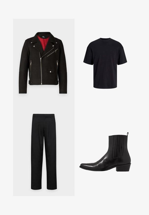Jachetă de motocicletă din suede negru cu o căptușeală interioară roșie, închidere diagonală cu fermoar și accente de metal argintiu. Dispune de buzunare cu fermoar și închideri cu buton.; Tricou din bumbac negru, cu guler rotund, mâneci scurte și o croială lejeră. Textură netedă și fără modele sau accente vizibile.; Pantaloni negri dintr-un material neted, cu un design drept, două pliuri frontale și un tiv standard cu bucle pentru curea.; Cizma de gleznă din piele neagră, cu vârf ascuțit, panouri laterale elastice, accente de cusături verticale și toc bloc mic.