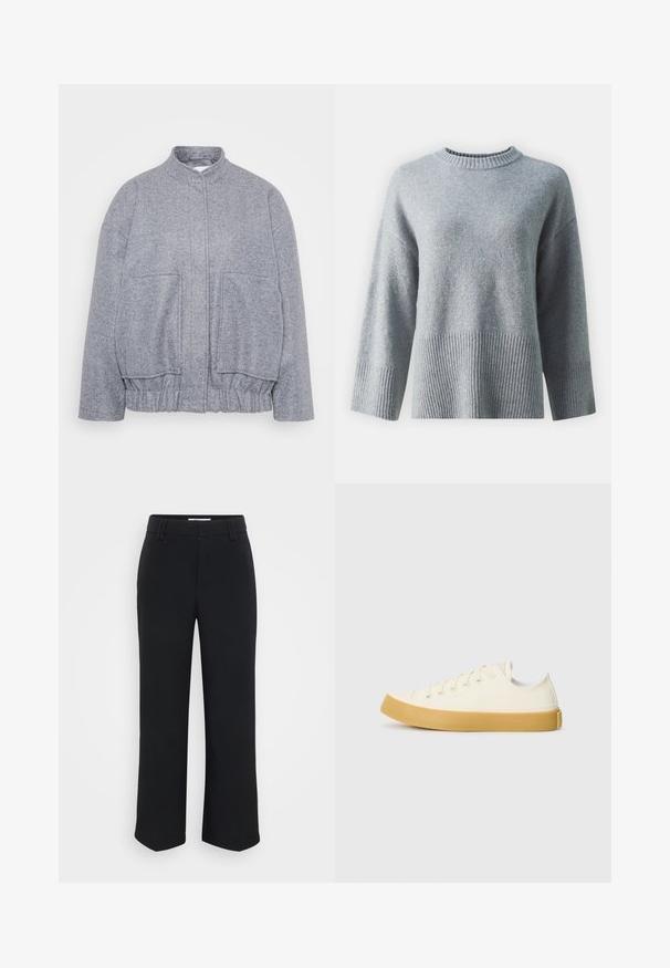 Szürke, texturált dzseki magas gallérral, elasztikus aljjal és nagy elülső zsebekkel. Laid-back fit és minimális varrási részletek jellemzik.; Szürke pulóver, kerek nyakkivágással, texturált bordás szegéllyel és mandzsettával, puha anyagból, sima felülettel.; Fekete, bő szabású nadrág sima textúrával, lapos derékrésszel és oldalsó zsebekkel, minimalista esztétikával tervezve.; Krémszínű vászon sportcipő, kerek orral, bézs gumi talppal és öt fűzőlyukkal, a felső részen texturált felülettel.