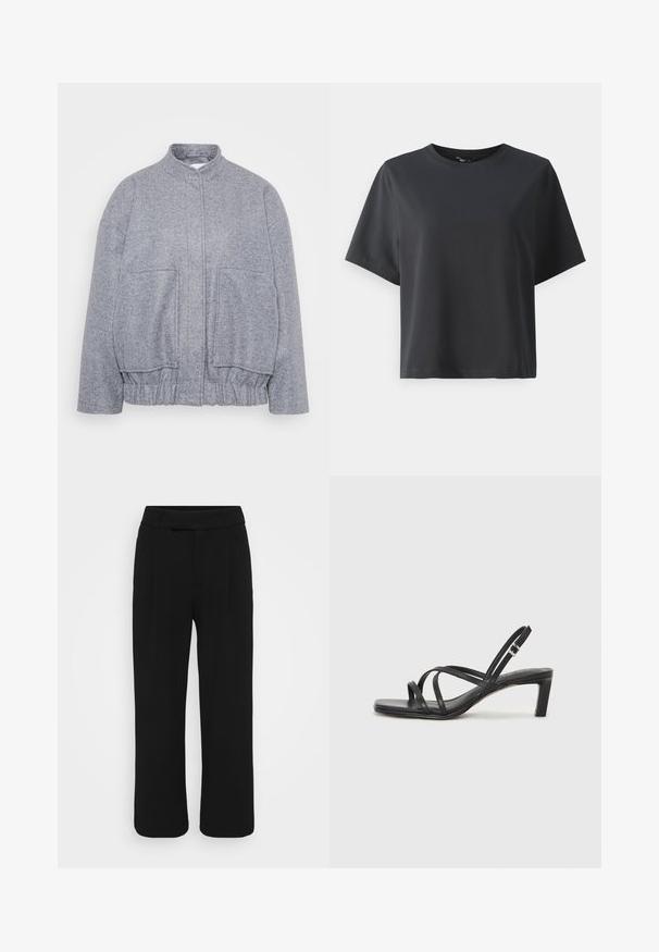 Jachetă gri, texturată, cu guler înalt, tiv elasticizat și buzunare mari în față. Prezintă o croială lejeră și detalii de cusătură minime.; Tricou negru din bumbac, mâneci scurte, guler rotund, croială lejeră, textură netedă, design simplu, fără modele sau accente.; Pantaloni negri cu picioare largi, confectionati dintr-un material neted, avand un front plat, bucle pentru centura si fara buzunare vizibile. Design curat si bine croit.; Sandal cu barete negre, cu vârf pătrat și toc mic de bloc. Prezintă mai multe barete subțiri și o bareta ajustabilă la gleznă. Fabricat din piele netedă.