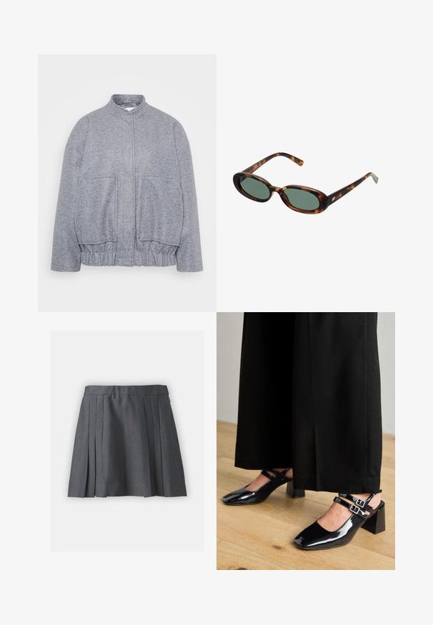 Casaco cinzento e texturizado com colarinho alto, bainha elástica e grandes bolsos frontais. Apresenta um corte descontraído e um detalhe de costura minimal.; Duas blusas de manga longa: uma com design cropped em cor creme e a outra verde, de comprimento regular, com mangas raglan. Ambas em um tecido suave.; Saia cinza plissada feita de tecido texturizado, com uma cinta e fecho oculto. Apresenta pregas espaçadas uniformemente para um visual estruturado.; Sapatos slingback de verniz preto com biqueiras quadradas, apresentando duas tiras ajustáveis no tornozelo e saltos blocados. Acabamento liso e brilhante.; Óculos de sol de tartaruga com armações ovais e lentes verdes. Caracterizam-se por hastes finas com um destaque metálico perto das dobradiças.