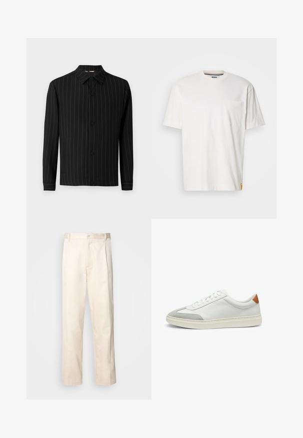 Svart jacka med vertikala smala ränder i mörkröd färg, med krage, knäppe och långa ärmar. Tillverkad av ett slätt tyg.; Vit bomullströja med rund hals, korta ärmar och en bröstficka på vänster sida. Har en liten logotagg på sömmen.; Beiga bomullbyxor med rak benform, utrustade med knappstängning och veck framtill för extra detalj.; Vita lädersneakers med grå mockadetaljer och en tab i brunt läder på hälen. Har en strukturerad yta och en lätt sula.
