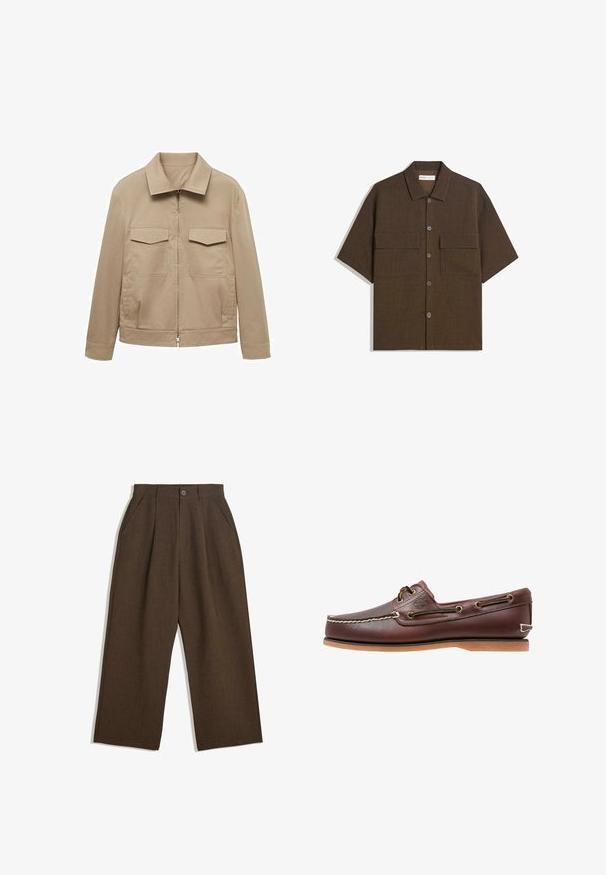 Light beige jacket made of cotton blend, featuring a collar, front zipper, and two breast pockets with flap closures.; Short-sleeve, dark brown shirt made of textured fabric. Features a button-down front and two chest pockets. Casual design with a relaxed fit.; Brown pleated trousers with a wide-leg design, featuring a button closure and side pockets, made of textured fabric suitable for casual wear.; Brown leather boat shoe with white stitching, brown laces, and a tan rubber sole. Features a logo on the side and metal eyelets for laces.