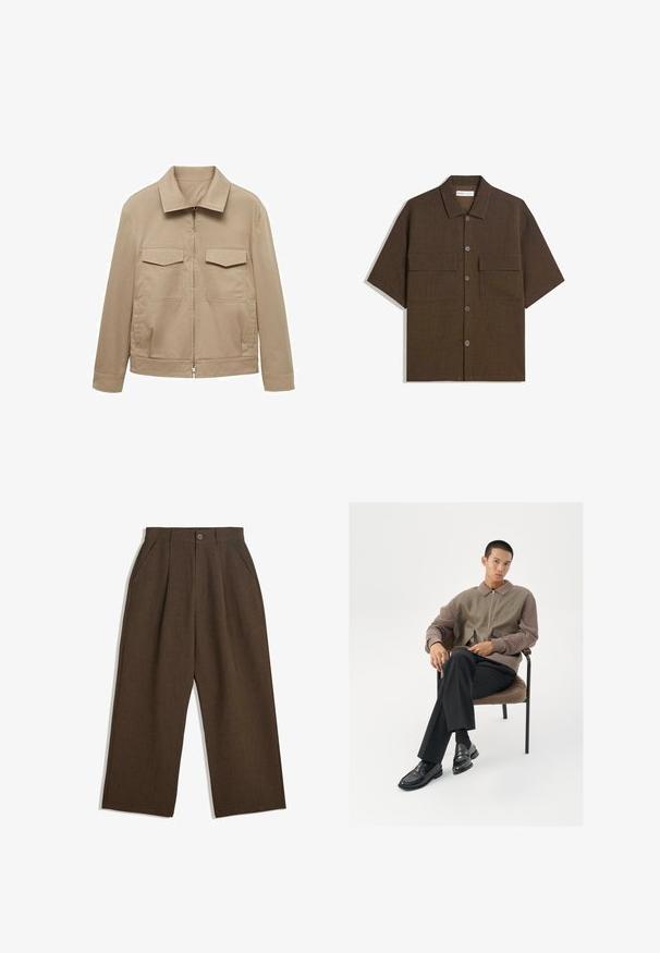 Light beige jacket made of cotton blend, featuring a collar, front zipper, and two breast pockets with flap closures.; Short-sleeve, dark brown shirt made of textured fabric. Features a button-down front and two chest pockets. Casual design with a relaxed fit.; Brown pleated trousers with a wide-leg design, featuring a button closure and side pockets, made of textured fabric suitable for casual wear.; Men's zip-up jacket in earthy tones, featuring a textured fabric and oversized pockets. Slim-fit black trousers and polished black loafers.