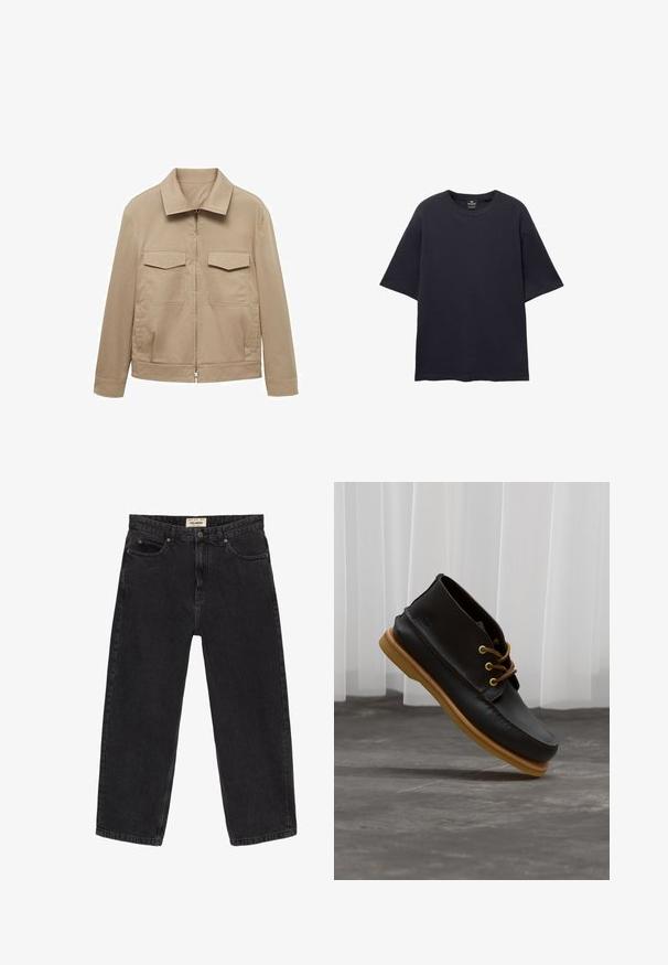 Svetlo béžová bunda vyrobená z bavlnenej zmesi, s golierom, predným zipsom a dvoma náprsními vreckami so záklopkami.; PULL&BEAR SHORT SLEEVE TEXTURED WEAVE - Základné tričko - dark blue; Čierne deninové džínsy s voľným strihom. Obsahujú päť vreciek, predné zapínanie na gombík a detaily šitia. Ťažšie a mierne vyblednutá textúra.; Čierne kožené topánky s hladkým povrchom, okrúly špička, hnedé šnúrky a svetlohnedé gumové podrážky. Logo je embosované na boku.