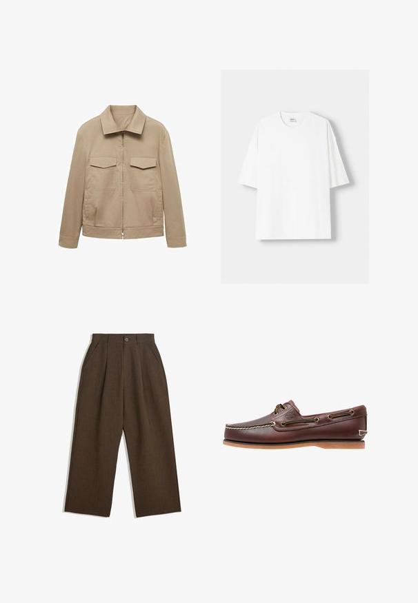 Svetlo béžová bunda vyrobená z bavlnenej zmesi, s golierom, predným zipsom a dvoma náprsními vreckami so záklopkami.; Biela tričko s krátkym rukávom vyrobené z bavlny, s okrúhlym výstrihom a voľným strihom. Hladká textúra, bez viditeľných vzorov alebo akcentov.; Hnedé plisované nohavice s širokým strihom, vybavené zapínaním na gombík a bočnými vreckami, vyrobené z textúrovaného materiálu vhodného na neformálne nosenie.; Hnedé kožené lodné topánky s bielym prešitím, hnedými šnúrami a svetlohnedou gumovou podrážkou. Na boku sa nachádza logo a kovové očká na šnúrky.
