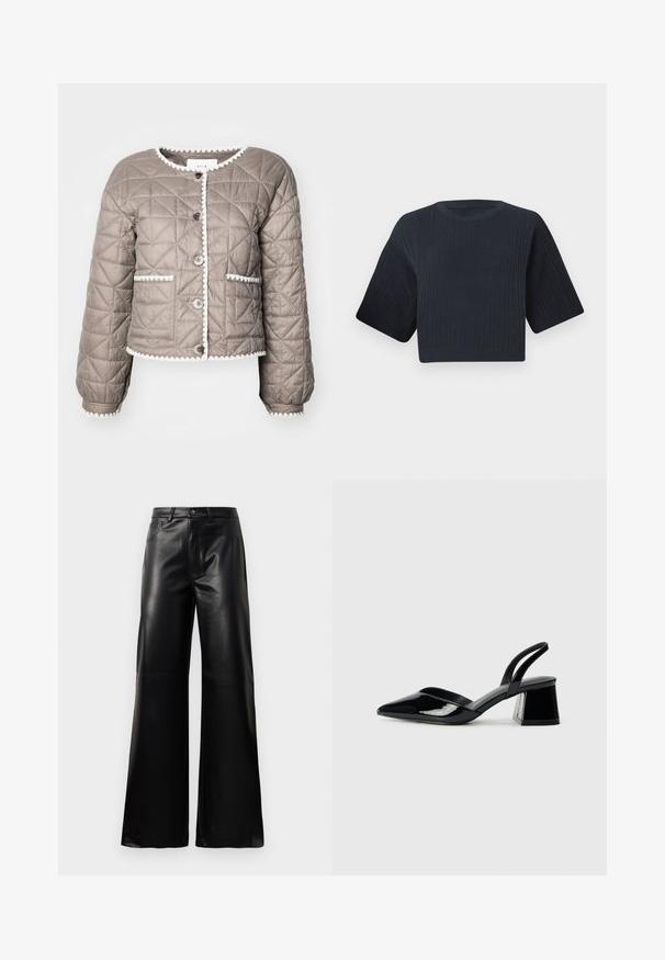 Lininė smėlio spalvos striukė su apvaliu iškirpimu, balta banguota apdaila, priekyje užsegama mygtukais ir su dviem priekinėmis kišenėmis. Minkšta, tekstūruota medžiaga.; Tamsiai mėlynas trumpas mezginys su raukšlėta tekstūra, trumpomis plačiomis rankovėmis ir apvaliu kaklu. Paprastas dizainas, be matomų raštų ar akcentų.; Juodos aukšto juosmens plačios kojų dirbtinės odos kelnės su priekiniais mygtukais, užtrauktuku, diržo kilpomis ir šoninėmis kišenėmis ant balto fono.; Juodos lakuotos odinės šlepetės su smailiu pirštu ir geometriniu bloko kulnu. Turi elegantišką, minimalistinį dizainą ir lygų paviršių.