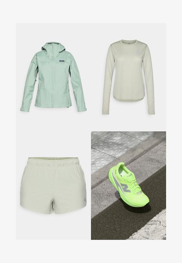 Šviesiai žalia nepralaidi vandeniui striukė su kapuce, užtrauktuku ant priekinės dalies ir dviem šoninėmis kišenėmis. Ant kairiojo krūtinės yra logotipas.; Šviesiai žalia ilgomis rankovėmis marškinėliai, pagaminti iš tekstūruoto audinio, su apvalia iškirpte ir mažyčiu logotipu kairėje krūtinės pusėje.; Šviesiai žali sportiniai šortai pagaminti iš kvėpuojančios medžiagos, turintys perforuotą tekstūrą ir elastingą juosmenį. Logotipas atspausdintas šone.; Ryškiai neoninė žalia New Balance bėgimo batai gulintys ant tekstūruoto asfalto šalia taktilinės vaikščiojimo paviršiaus ir įvažiavimo krašto.