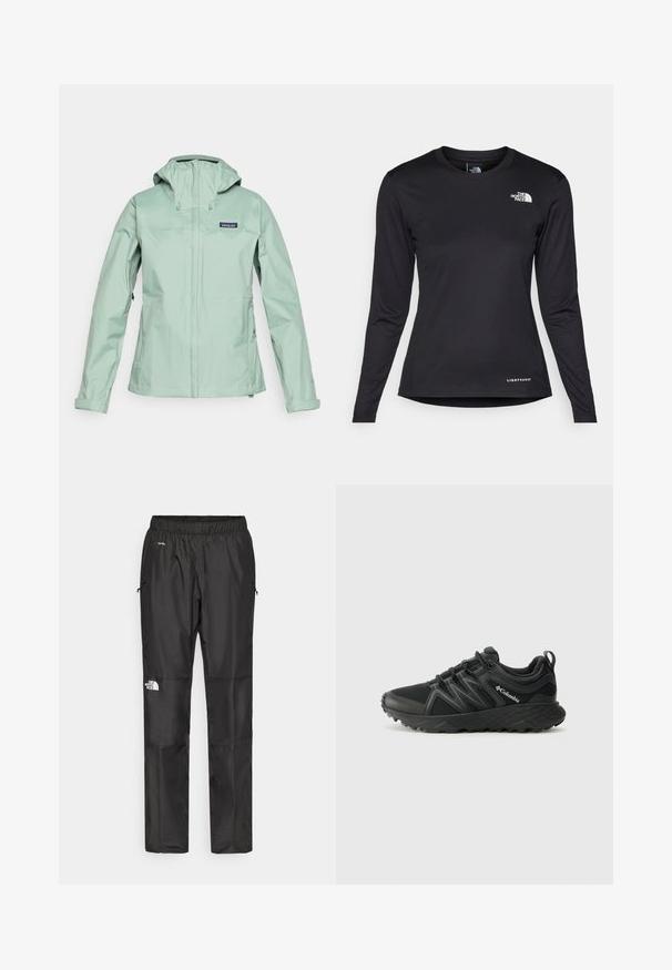 Svetlo zelena vodoodporna jakna s kapuco, zadrgo spredaj in dvema stranskima žepoma. Ima logotip na zgornjem levem prsnem delu.; The North Face SHADOW LONG SLEEVE - Majica z dolgimi rokavi - black; Črne nepremočljive hlače iz lahkega materiala, z elastičnim pasom, stranskimi žepi in logotipom na levi nogi.; Columbia PEAKFREAK - Pohodniški čevlji - black