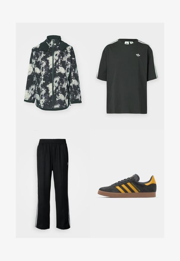 Casaco de fleece em padrão tie-dye preto e creme, com colarinho alto, fecho éclair frontal e punhos elásticos para um ajuste seguro.; T-shirt preta de algodão com mangas curtas, gola redonda e detalhe branco de três riscas nos ombros. Apresenta um pequeno logotipo branco no peito.; Calças atléticas pretas com um cós elástico, apresentando riscas brancas laterais e um pequeno logótipo. O material parece macio e leve.; Tenis em camurça preta com detalhes amarelos, apresentando três riscas e uma sola de borracha castanha. Inclui uma língua acolchoada para maior conforto.