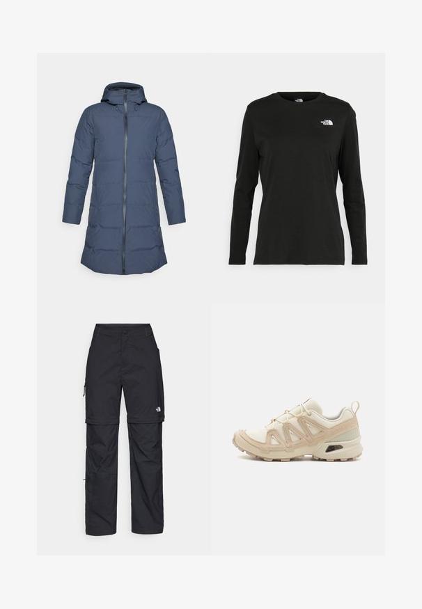 Tumši zils, quiltēts garš ziemas mētelis ar kapuci un priekšējo rāvējslēdzēju, kas paredzēts siltiem laikapstākļiem un āra valkāšanai.; Melnas garām piedurknēm T-krekls, izgatavots no kokvilnas ar apaļu kaklu. Tam ir mazs balts logo kreisajā krūtīs. Vienkāršs dizains un piegulums.; Melni nailona bikses ar noņemamām kājām, regulējamiem uzmavām, vairākām kabatām un logotipu uz labās kājas. Gluda, viegla tekstūra.; Beige un krēma sporta apavi ar strukturētu tīkla virsmu, atbalstošajiem slāņiem un gumijas zoli ar protektoru rakstu, kas nodrošina saķeri.