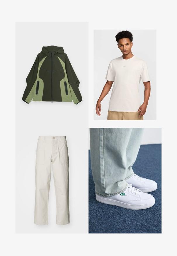 Olivnozeleni jopič z svetlo zelenimi detajli, kapuco, sprednjim zadrgo in dvema žepoma z zadrgo. Ima edinstveno angularno zasnovo in teksturo.; Moški s kratkimi kodrastimi lasmi nosi bež Nike majico in khaki kratke hlače, obrnjeni naprej proti enostavni svetli ozadju.; Svetlo bež široke hlače iz bombaža. Imajo sprednje žepe in gumbasto zapiranje. Gladka tekstura z subtilnimi navpičnimi črtami.; Bela usnjena športna obutev z zelenim Nike logotipom, okrogla konica, ravna podplat, v kombinaciji z svetlo modrimi kavbojkami, prikazana na modrem preprogu.