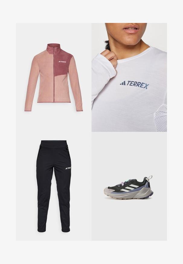 Rožinė ir bordo spalvos fliso striukė su aukštu apykakle, užtrauktuku priekyje ir logotipu ant krūtinės. Yra dvi šoninės kišenės ir kontrastuojančios panelių dizainas.; Balta ilgomis rankovėmis marškiniai, kuriuose išryškėja mėlynas "TERREX" logotipas. Audinys yra lengvas, su tekstūruotu tinkleliu akcentais ant pečių.; Juodos sportinės kelnes su lygia medžiaga, turinčios prigludusį dizainą, užtrauktukais uždaromas kišenes ir tekstūruotą apatinę kojų dalį. Logotipas atspausdintas priekyje.; Juodas sportinis batas su Gore-Tex viršumi, baltomis juostelėmis, purpuriniais akcentais, storu pilku viduriniu padu ir tekstūruotu pilku išoriniu padu, kuris suteikia sukibimą.