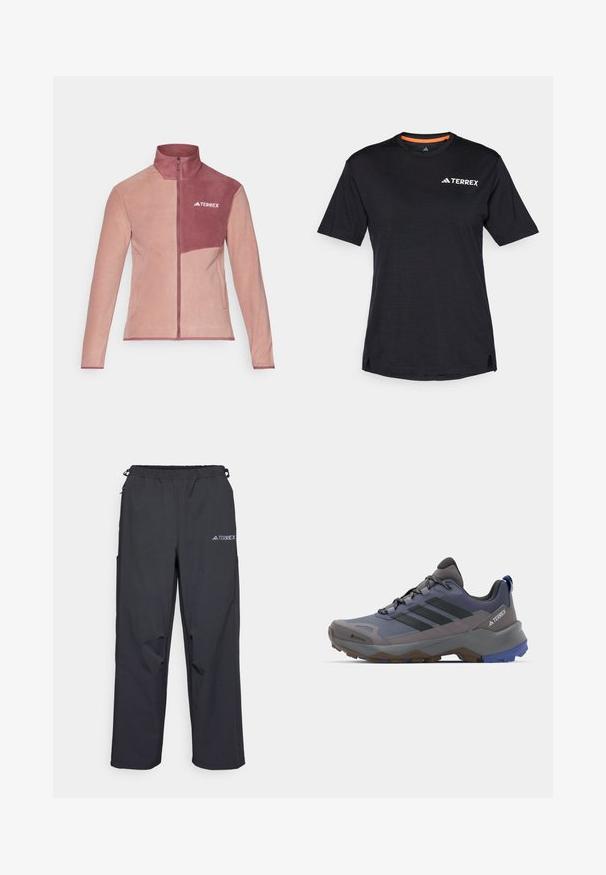 Fleece jacket in pink and maroon, with a high collar, zip front, and logo on the chest. Features two side pockets and contrasting panel design.; Black short-sleeve T-shirt with round neckline, featuring a subtle heather texture and white "TERREX" logo on the upper left side.; Black, lightweight outdoor pants with an elastic waistband, side pockets, and a logo on the upper right leg. Smooth, water-resistant fabric.; Gray and blue hiking shoes featuring a mesh and synthetic upper, textured sole, prominent lacing, and three black stripes on the side.