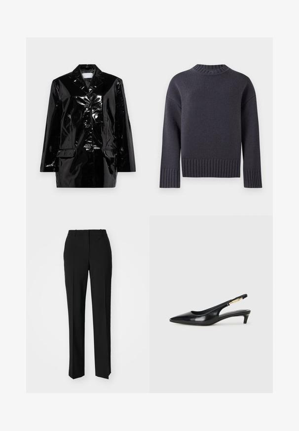 2nd Day HARRIET - Usnjena jakna - black; Mornarska pletena majica z visokim ribastim ovratnikom ter širokimi ribastimi manšetami in robom. Ima sproščen kroj in teksturiran material.; Črne krojene hlače s direktnim krojem, ki se ponašajo z gladko teksturo in ostrimi pregibi spredaj. Ni vidne kovine.; Črne usnjene sandale na peto z ostro konico, ki imajo tanko peto in zlat ton na nastavljivem traku. Gladka tekstura.
