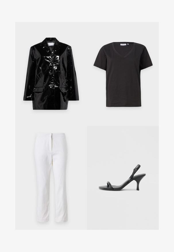 2nd Day HARRIET - Usnjena jakna - black; Črna bombažna majica s kratkimi rokavi in V-izrezom. Preprost dizajn z običajnim krojem in brez vzorcev ali dodatkov.; Beli bombažne hlače s ravnim krojem, srednje visoko pasom, brez vidnih kovinskih elementov ali vzorcev. Gladka textura po vsej površini.; Črne usnjene visoke sandale s tankim, ukrivljenim petam in obliko križanih trakov. Nastavljiv trak okoli gležnja. Gladka tekstura.