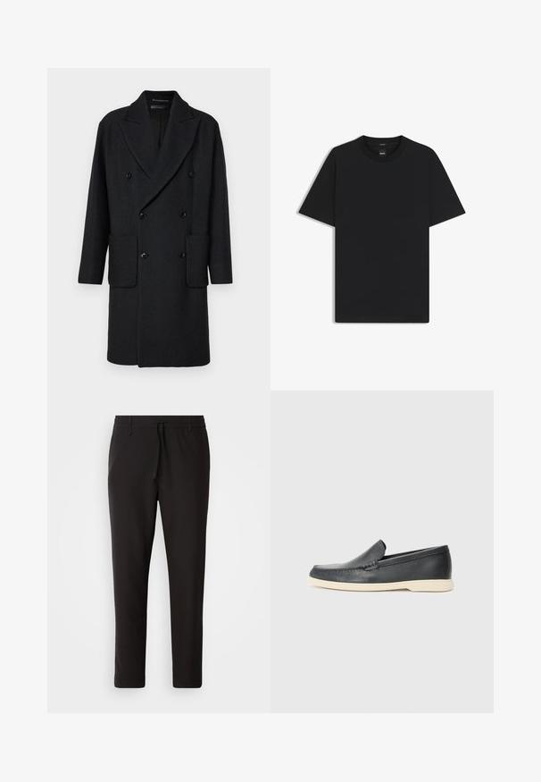 DRYKORN MATESSO czarny; Czarny t-shirt krótki rękaw wykonany z gładkiej mieszanki bawełny, z okrągłym dekoltem i minimalistycznym designem bez wzorów czy akcentów.; Czarne spodnie dresowe wykonane z gładkiego materiału. Posiadają elastyczny pas ze sznurkiem, zwężane nogawki oraz brak widocznych kieszeni. Prosty design.; Czarne skórzane slip-ony w stylu loafers z teksturowanym wykończeniem i kontrastującą beżową gumową podeszwą. Posiadają delikatny akcent wzdłuż przodu.