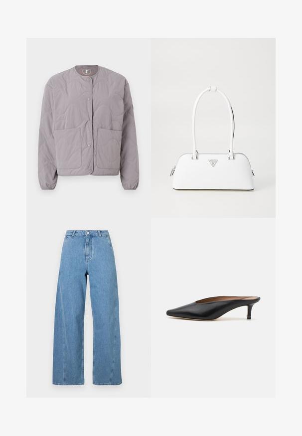 Save the duck LOOP - Bomber Jacket - iron grey; Black cotton t-shirt with short rolled sleeves, a round neckline, and a red label. Smooth texture, fitted shape with minimal detailing.; Light blue wide-leg jeans made of denim, featuring a high waist, straight cut, and contrasting stitching along the seams.; Black leather mules with a pointed toe and low, block heel. Smooth texture with a sleek design. Open back with minimal detailing.; White leather handbag with a curved shape, featuring a silver triangular logo and zipper closure. Smooth texture and dual handles.