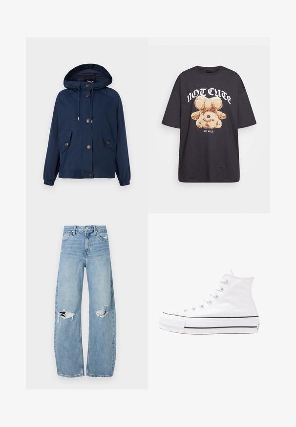 Tummansininen takki, jossa on huppu, joustavat hihansuut ja kaksi etutaskua. Varustettu napituksella ja nyörihuvalla. Suora pinta.; Mustat ylisuurent-paidat, joissa on karhun grafiikka ja teksti "EI SULOINEN VAAN VILLI" rohkealla valkoisella fontilla. Puuvillamateriaali.; Vaaleansiniset, korkeavyötäröiset farkut, jotka on valmistettu denimmateriaalista. Ominaisuuksiin kuuluvat leveät lahkeet, kaksi revittyä polvialuetta ja klassinen viiden taskun tyyli.; Valkoiset korkeavartiset kangaskengät mustalla kumipohjalla, edessä kuminen varvasosa ja kuusi nauha-aukkoa, puhtaan minimalistisella muotoilulla.