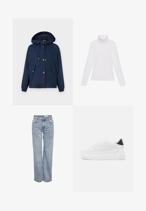 Giacca blu navy con cappuccio, polsini elasticizzati e due tasche frontali. Presenta una chiusura con bottoni e un cordino sul cappuccio. Tessuto liscio.; Maglia a maniche lunghe bianca a collo alto realizzata in tessuto morbido ed elastico. Presenta un colletto alto e un design aderente, senza motivi o decorazioni visibili.; Jeans a gamba larga di colore azzurro chiaro realizzati in denim, con vita alta, design a cinque tasche e leggera scoloritura per un aspetto vissuto.; Sneakers platform bianchi realizzati in materiale sintetico liscio, con punta arrotondata, design con lacci e suola in gomma texture. Accento nero nel tallone.