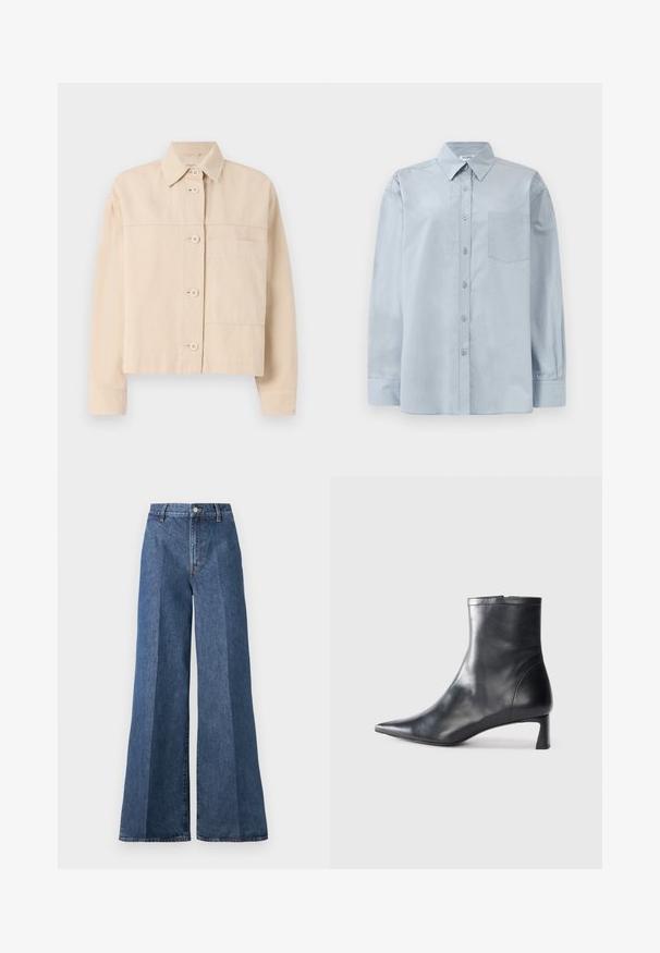 Veste beige courte en tissu durable, dotée d'une fermeture à boutons, d'un col pointu et d'une poche poitrine unique. Texture lisse.; Chemise boutonnière à manches longues, de couleur bleu clair, avec un col pointu et une poche poitrine, posée à plat sur un fond blanc.; Jean en denim bleu à jambe large et taille haute, avec une coupe classique à cinq poches et une fermeture à bouton, fabriqué en tissu en coton texturé.; Bottine en cuir noir avec un bout pointu et un design épuré. Présente un petit talon et une fermeture éclair à l'arrière. Texture lisse.