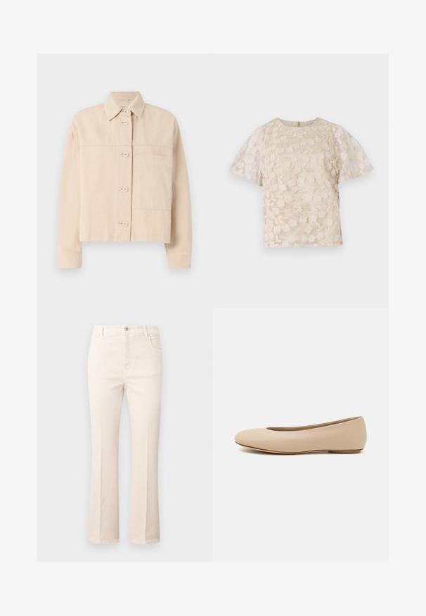 Béžová croptop bunda vyrobená z odolné tkaniny, s knoflíkovým zapínáním, špicatým límcem a jednou náprsní kapsou. Hladký povrch.; Beige blůza s květinovou výšivkou, průhlednými nadýchanými rukávy, kulatým výstřihem a zipovým uzávěrem na zádech. Texturovaný květinový vzor na předním panelu.; Béžové zvonové džíny vyrobené ze113% bavlny, s vysokým pasem, pěti kapsami, zapínáním na knoflík a jemnými stehovými detaily.; Béžové kožené baletní byty s kulatou špičkou, minimálním prošíváním, nízkým podpatkem a decentním logem na zadní straně. Hladký, matný povrch.