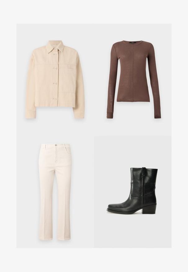 Beige lyhythihainen takki, joka on valmistettu kestävästä kankaasta. Takissa on napitus, teräväkauluksinen muotoilu ja yksi rintatasku. Pintakuvio on sileä.; Ruskea pitkähihaine paita, joka on valmistettu kevyestä ja sileästä kankaasta. Ominaisuuksiin kuuluu pyöreä pääntie ja huomaamaton etusauman yksityiskohta.; Beige flare-farkut, jotka on valmistettu puuvillasta. Niissä on korkea vyötärö, viisi taskua, napitus ja hillityt tikkaus yksityiskohdat.; Musta nahkasaapas nilkkamittaisella varrella, pyöreällä kärjellä, lohkarekorolla, sivuvetoketjulla ja ompeluaksentilla varren yläosassa. Suora pinta, klassinen muotoilu.