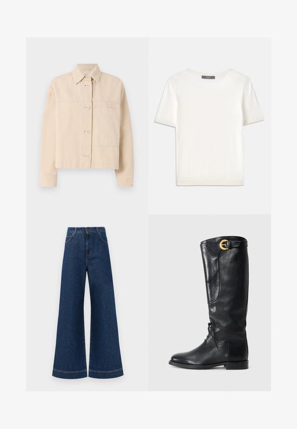 Corta de cor bege feita de um tecido durável, com fecho de botão, gola pontiaguda e um único bolso no peito. Textura suave.; Top de malha branco, de mangas curtas, com decote redondo, apresentando uma textura suave e discretos realces canelados nas mangas e na barra.; Jeans azul de perna larga com cintura alta, apresentando um fecho de botão, passantes para cinto e detalhes de costura discretos ao longo dos bolsos e das bainhas.; Bota de couro preta até ao joelho com bico arredondado, atacadores à frente, detalhe lateral e uma fivela dourada no topo. Textura suave.