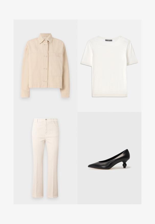 Beige cropped jacket made of durable fabric, featuring a button closure, pointed collar, and a single chest pocket. Smooth texture.; White short-sleeve knit top with a round neckline, featuring a smooth texture and subtle ribbed accents at sleeves and hem.; Flared beige jeans made of cotton, featuring a high waist, five pockets, a button closure, and subtle stitching details.; Black leather high heel shoe with a pointed toe and a round, balled heel. Smooth texture with a sleek, minimal design.