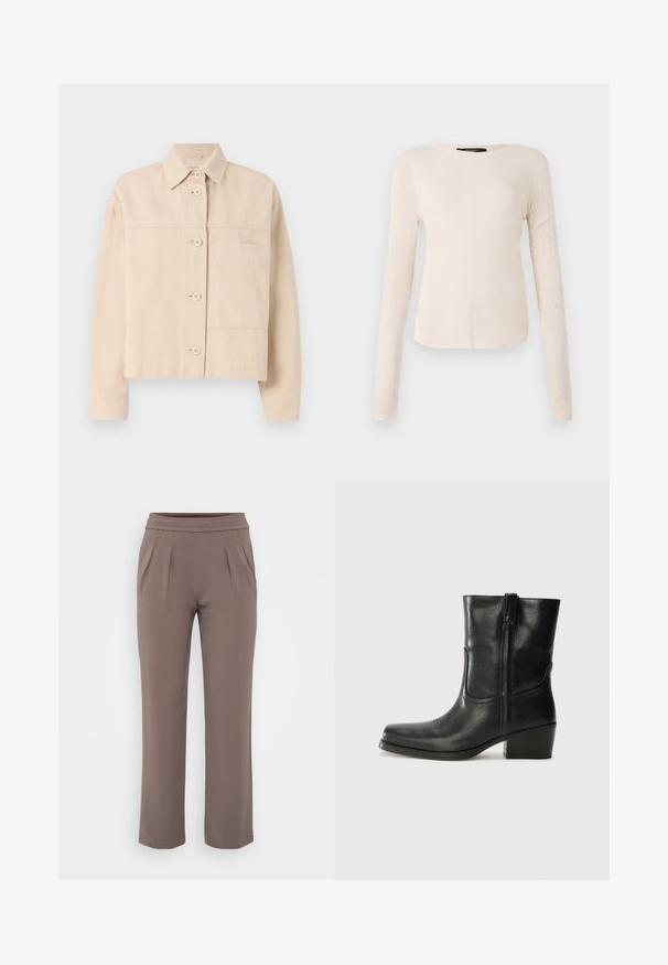 Bežekrajšani jopič iz trpežnega blaga, z zapiranjem na gumb, ostrim ovratnikom in enim žepom na prsih. Gladka tekstura.; Dolga majica v svetlo bež barvi s okroglim izrezom. Narejena iz mehkega materiala, ima osrednji šiv in rahlo ukrivljen rob. Ni vidnih elementov.; Taupe hlače širokega kroja z elastičnim pasom in sprednjimi gubi, narejene iz gladkega materiala.; Črne usnjene gležnjarje z zaobljenim nosom, blok peto, stransko zadrgo in šivanjem na vampu. Gladka tekstura, klasična zasnova.
