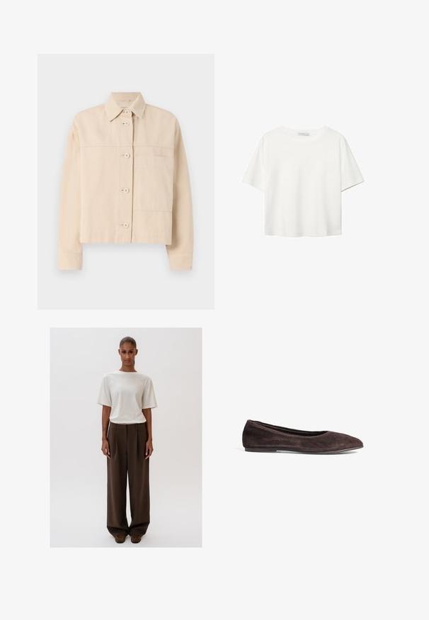 Beige lyhythihainen takki, joka on valmistettu kestävästä kankaasta. Takissa on napitus, teräväkauluksinen muotoilu ja yksi rintatasku. Pintakuvio on sileä.; Valkoinen lyhythihainen T-paita, joka on tehty puuvillasta. Siinä on pyöreä kaula-aukko ja rento malli. Silkkinen pinta ilman näkyviä kuvioita tai koristeita.; Valkoinen, rento t-paita, jossa on lyhyet hihat, yhdistettynä korkeavyötäröisiin, leveälahkeisiin ruskeisiin housuihin. Yksinkertainen muotoilu, sileät pinnat.; Ruskeat mokka ballerinat, joissa on terävä kärki ja matala profiili. Ominaisuuksiin kuuluu sileä pintakuvio ja minimalistinen muotoilu. Ei näkyvää metallia tai koristeita.