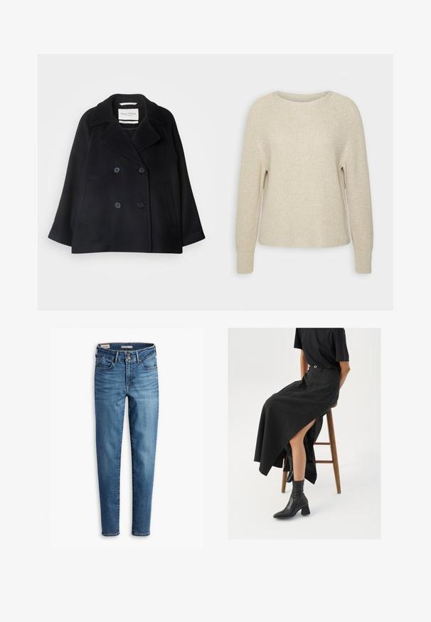 Melna divrindas mētelis, izgatavots no vilnas un sintētisko šķiedru maisījuma. Iezīmējas ar lieliem uzpūstiem ļitajiem, divām sānu kabatām un smalku pogu detaļu dizainu.; Gaiši rozā adīts džemperis ar apaļu dekoltēju, raglāna piedurknēm un ribotām aprocēm. Tekstūra ir mīksta ar brīvu piegriezumu un minimālu apdari.; Augsti vidukļa skinny džinsi gaiši zilā denīmā. Iespējas: piecas kabatas, priekšējā pogu aizdare un klasiskās šuvju detaļas visā apģērbā.; Melna lina maxi svārki ar augstu šķēlumu, valkāti ar melnu T-kreklu un melniem potīšu zābakiem. Minimālistisks dizains ar brīvu piegriezumu.