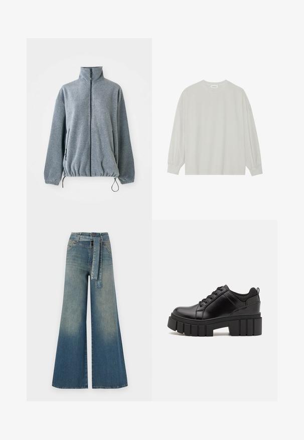 Gai pelēks frotē jaka ar augstu apkakli, pilnu priekšējo rāvējslēdzēju, rāvējslēdzēja sānu kabatām, elastīgām aprocēm un regulējamiem apakšmalas saistēm.; Gaišpelēka garām piedurknēm t-krekls, kas izgatavots no mīkstas kokvilnas. Iezīmē vaļīgu piegriezumu, apaļu kakla izgriezumu un viegli saplacinātas piedurknes. Nav rakstu vai grafikas.; Platām kājām džinsu bikses ar gaismas līdz tumši zilam gradientam, augstu jostas līniju, jostas cilpām un atbilstošu auduma jostu. Tekstūrēts džinsas apdare.; Melnas ādas platformas kurpes ar masīvu bloku papēdi, apaļu purngalu un tradicionālu saistīšanas dizainu. Izceļas ar gludu tekstūru un minimālu apdari.