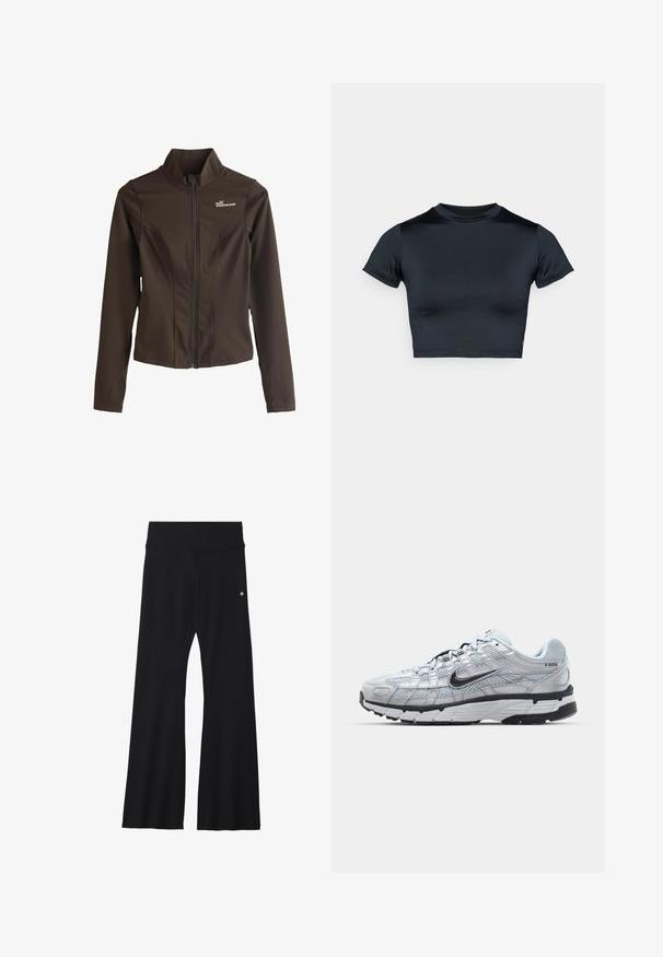 Brun atletisk jacka i ett mjukt, töjbart material. Har en hög krage, full dragkedja fram och en diskret logotyp på vänster bröst.; Even&Odd active ESSENTIAL QUICK DRY CROPPED SHORT SLEEVE T-SHIRT - T-shirt - bas - black; Svarta vida yogabyxor i elastiskt tyg, med ett brett midjeband och en liten logotyp nära höften. Slät textur, inga mönster.; Nike P-6000 sneakers med en ljusgrå nätövre, svarta accenter och en hållbar sula i svart gummi. Har en intrikat design och snörningssystem.