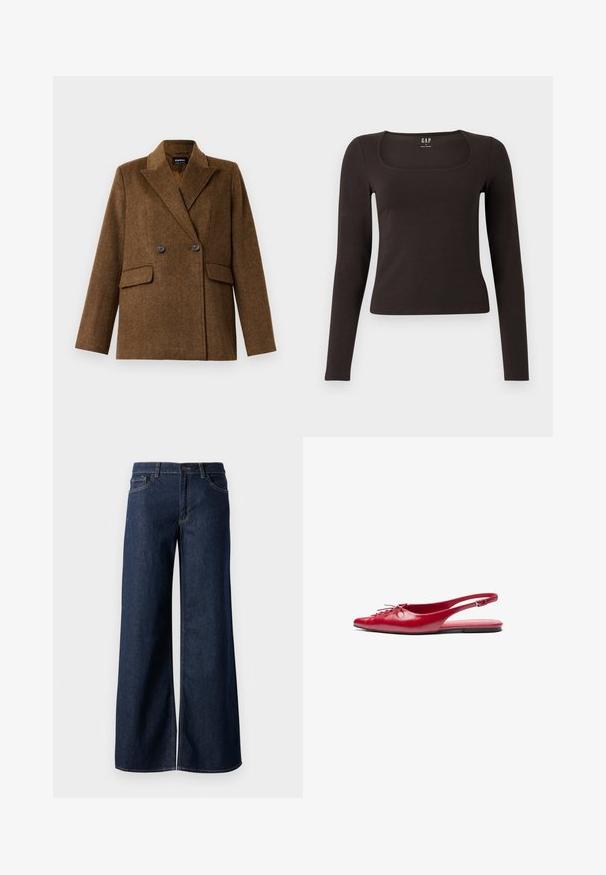 Bruine dubbelzijdige wollen blazer met brede revers, twee voorste klepzakken en knoopsluiting, weergegeven op een plain witte achtergrond.; Zwarte lange mouwen, getailleerde top met een vierkante halslijn, gelabeled GAP, weergegeven op een witte achtergrond.; Stijlen met wijde pijpen in donkerblauw denim. Kenmerkt zich door contrasterende stiksels, vijf zakken en een knoopsluiting in de taille. Soepele textuur.; Rode leren slingback platte schoen met een puntige neus en een decoratieve vetersluiting aan de voorkant, voorzien van een slanke enkelband en een platte zool.