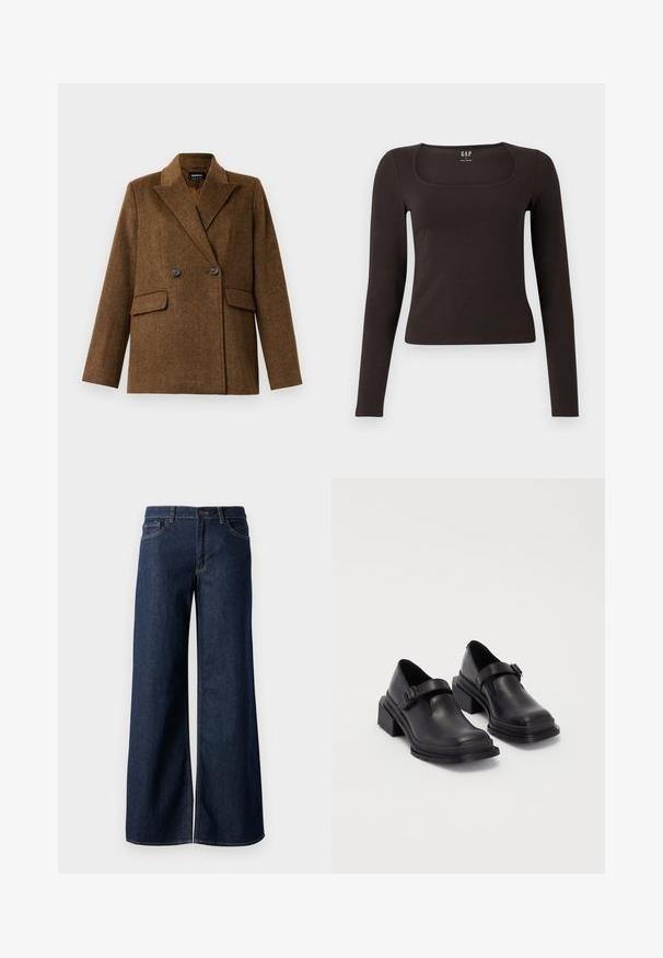 Brown double-breasted wool blazer with wide lapels, two front flap pockets, and button closure, displayed on a plain white background.; Black long-sleeve, fitted top with a square neckline, labeled GAP, displayed on a white background.; Wide-leg jeans in dark blue denim. Features contrast stitching, five pockets, and a button closure at the waist. Smooth texture.; Black leather shoes with a rounded toe, flat sole, and a strap with a buckle detail. Chunky block heel for added stability.