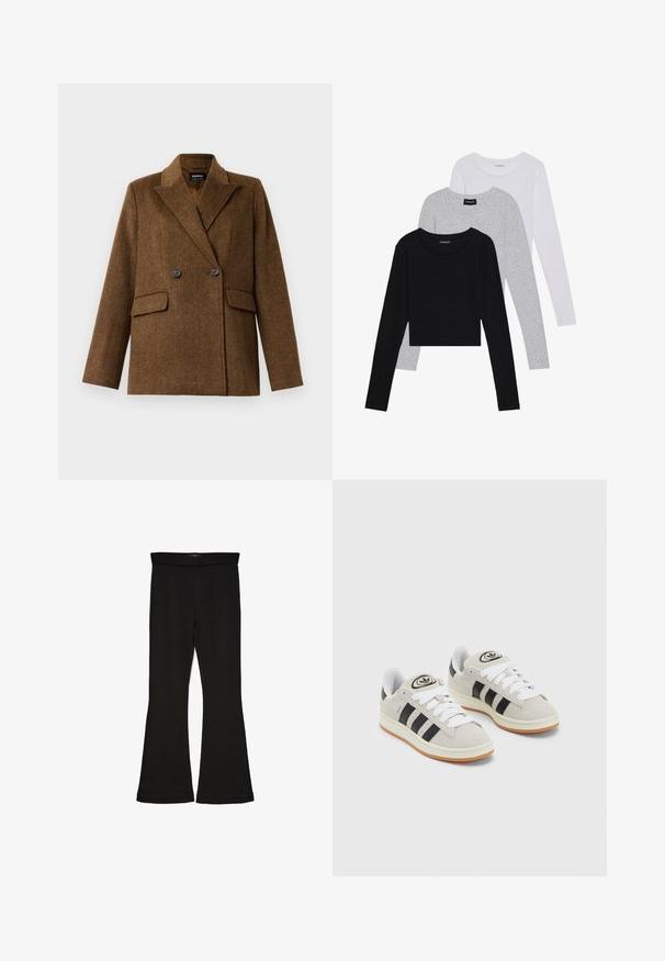 Brūns divrindu vilnas žakets ar plašām atlokām, divām priekšējām kabatām ar flap un pogu aizdari, izstādīts uz vienkārša balta fona.; Trīs garām piedurknēm veidotas augšdaļas, sakrautās: melna, pelēka un balta. Katram ir noapaļots kakla izgriezums un īsa dizaina forma ar gludu, vieglu audumu.; Melnas flared leggings, kas izgatavotas no stiepjama auduma. Iezīmējas ar platu jostasvietu un gludu tekstūru, ar pieguļošu siluetu, kas paplašinās pie apakšmalas.; Pelēkas zamšādas kedas ar baltām saites, melnām svītrām un baltu gumijas zoli. Raksturīga apļa logo uz mēles un gumijas zole.