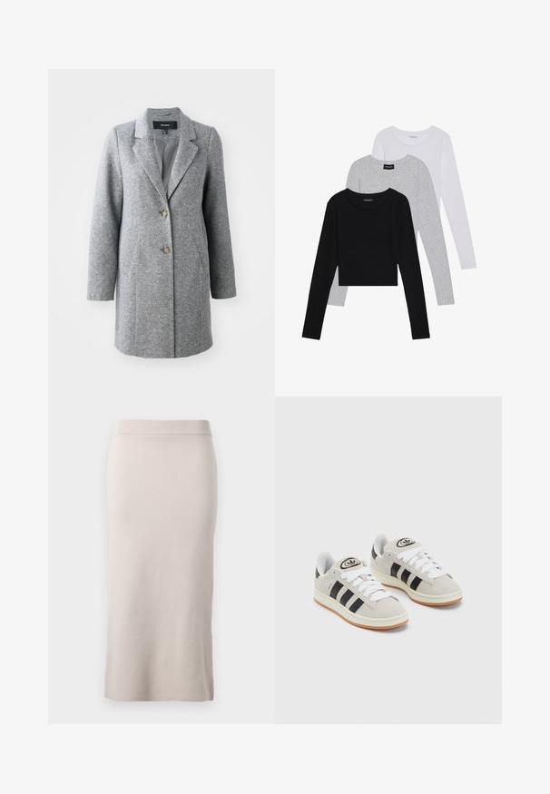 Γκρι παλτό από μείγμα μάλλινου υφάσματος με κομψή σιλουέτα, κλασικά πέτα, δύο μπροστινές τσέπες και κλείσιμο με δύο κουμπιά, με υφή υφάσματος.; Τρία μπλουζάκια με μακριά μανίκια τοποθετημένα το ένα πάνω στο άλλο: μαύρο, γκρι και άσπρο. Κάθε μπλούζα έχει στρογγυλή λαιμόκοψη και cropped σχέδιο, κατασκευασμένη από απαλό, ελαφρύ ύφασμα.; Πλεκτή μίνι φούστα σε ανοιχτό μπεζ χρώμα, με ραμμένο λάστιχο στη μέση, στενή γραμμή και άνοιγμα στο πλάι για ευκολία κίνησης. Μαλακή υφή, μίνιμαλ σχεδίαση.; Γκρίζα σουέτ αθλητικά παπούτσια με λευκές κορδόνες, μαύρες ρίγες και λευκή καουτσούκ σόλα. Διαθέτει κυκλικό λογότυπο στη γλώσσα και σόλα από καουτσούκ.