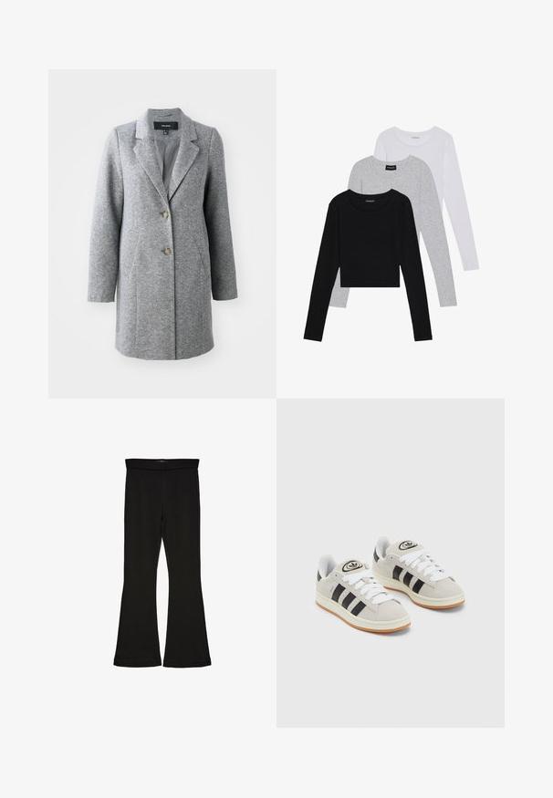 Grå ullblandad kappa med en skräddarsydd silhuett, snedskurna slag, två framfickor och tvåknappsstängning, med ett strukturerat tyg.; Tre långärmade tröjor staplade: svart, grå och vit. Var och en har en rund halsringning och en kort design med mjukt, lätt material.; Svarta flare leggings tillverkade av elastisk tyg. Har en bred midja och en slät yta, med en åtsittande silhuett som flares vid fållen.; Grå mocka sneakers med vita snören, svarta ränder och en vit gummisula. Har en rund logo på tungan och en gummisula.