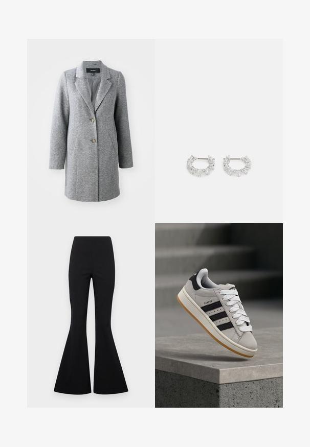 Grå ullblandad kappa med en skräddarsydd silhuett, snedskurna slag, två framfickor och tvåknappsstängning, med ett strukturerat tyg.; Tre långärmade tröjor staplade: svart, grå och vit. Var och en har en rund halsringning och en kort design med mjukt, lätt material.; Svarta utsvängda byxor i stretchigt tyg med en mjuk textur, med hög midja och vida byxben i båtform.; Grå Adidas Campus-sneaker med svarta ränder och vita skosnören som svävar ovanför en betongkant med trappor i bakgrunden.; Silverfärgade hoops örhängen som har klara, rektangulära och triangulära kristaller arrangerade i ett mönstrat design. Stift för säker fastsättning.